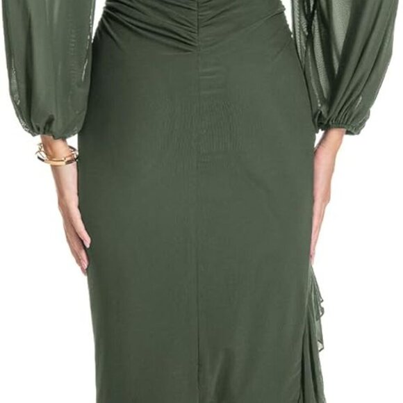 Women's Long Sleeve Bodycon Midi Dress Ruched Ruffle Hem for Fall Weddings - Picture 6 of 7